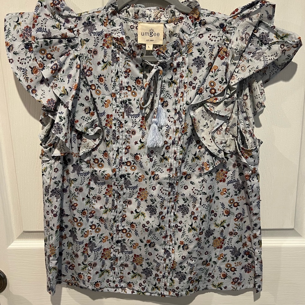 Umgee Light Blue Floral Ruffle Sleeve Blouse with Tassel Tie